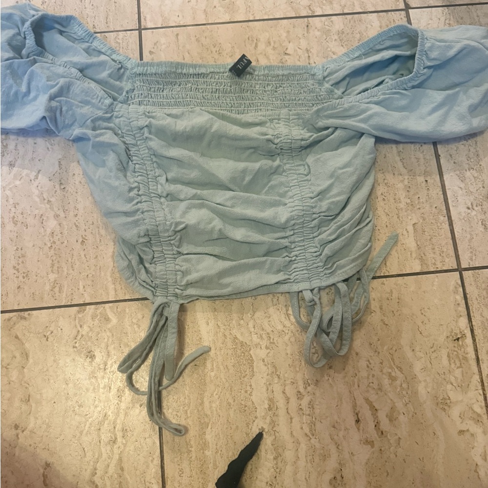 Zara Blue Puff Sleeve Ruched Blouse